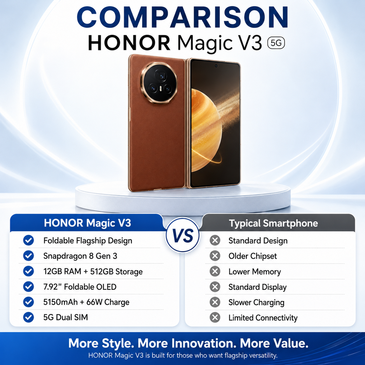 Brown foldable smartphone standing open, showing inner display.