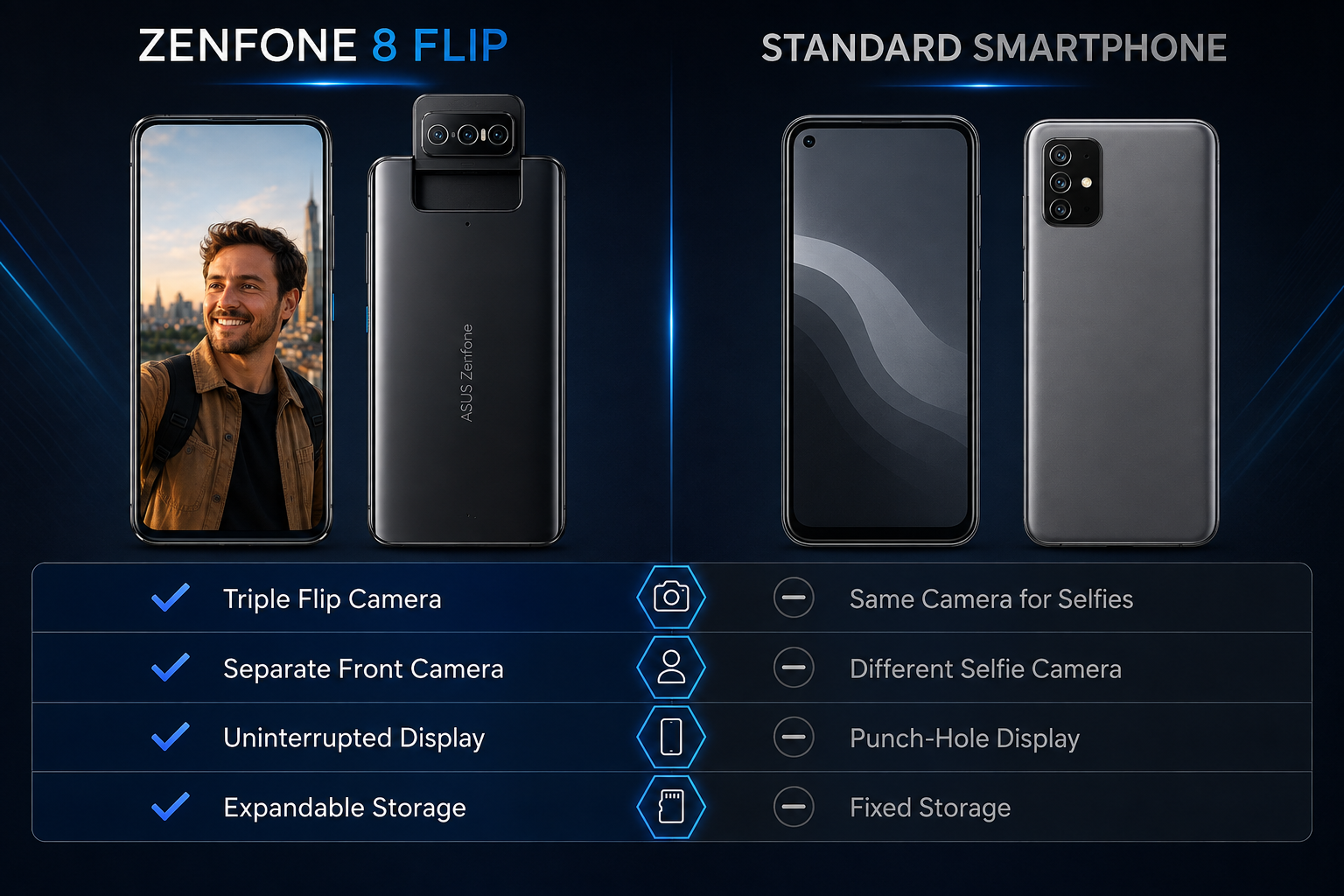 Black Asus Zenfone 8 Flip smartphone with rear flip camera and front screen