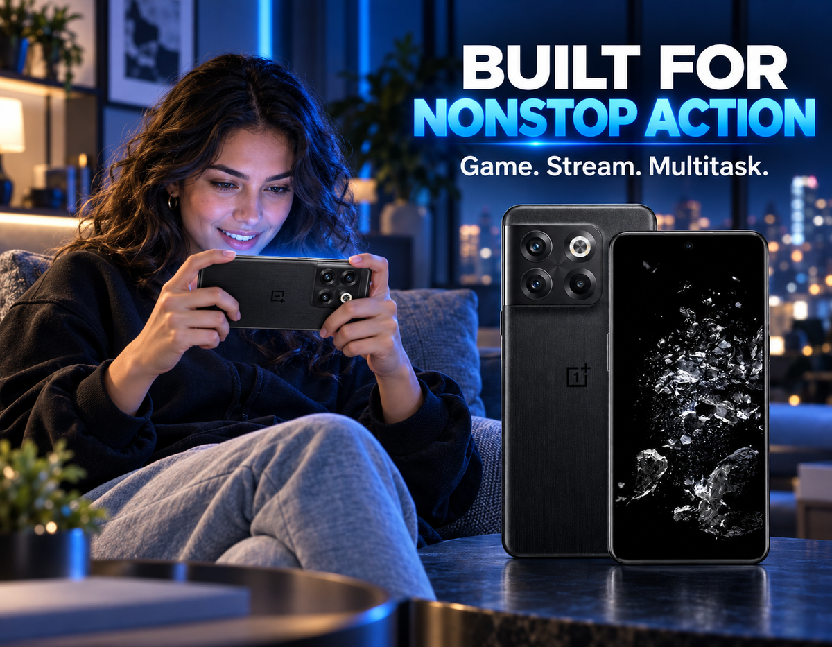Black OnePlus 10T 5G smartphone standing beside a person using a phone
