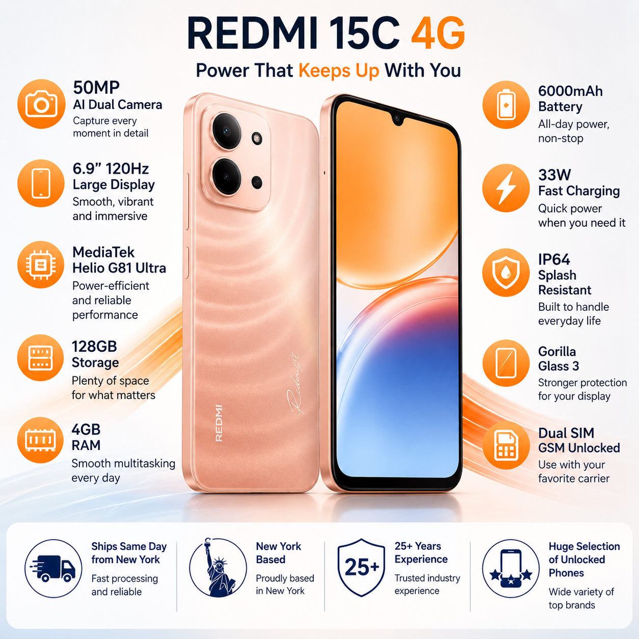 XIAOMI Redmi 15C 4G 128GB ROM 4GB RAM Dual SIM GSM Unlocked - Orange