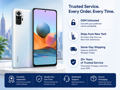 Xiaomi Redmi Note 10 Pebble White smartphone on stand with front screen and rear cameras.