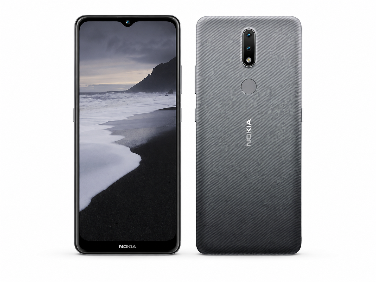 Charcoal grey Nokia 2.4 smartphone shown front and back with fingerprint sensor