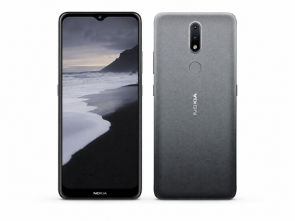 Charcoal grey Nokia 2.4 smartphone shown front and back with fingerprint sensor