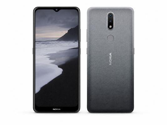 Charcoal grey Nokia 2.4 smartphone shown front and back with fingerprint sensor