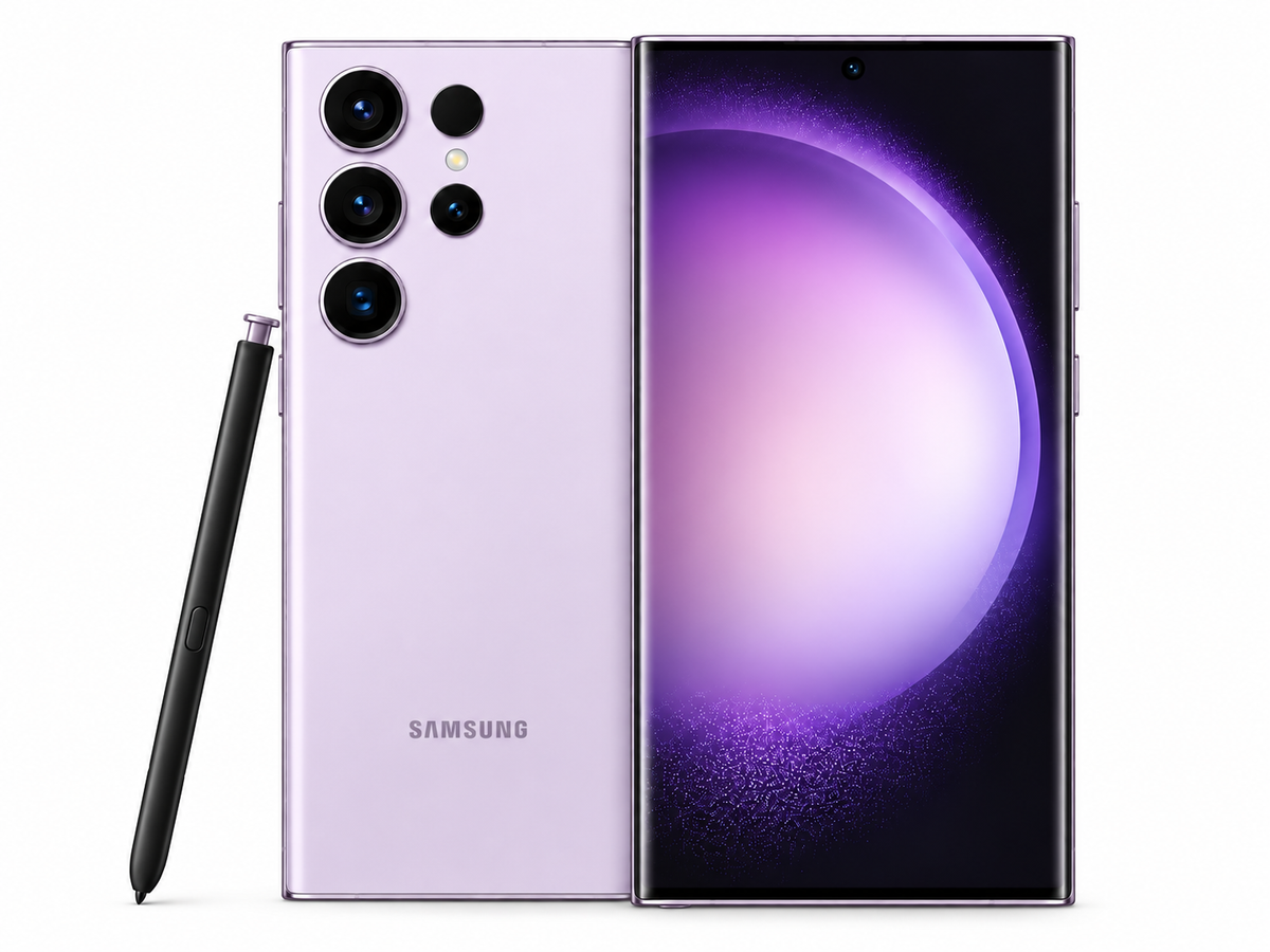 Lavender Samsung Galaxy S23 Ultra 5G smartphone with dual rear cameras and S Pen