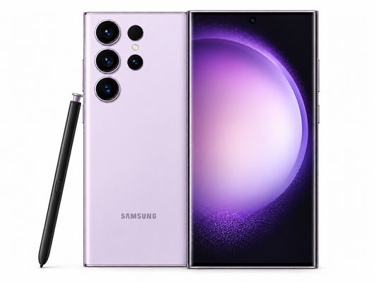 Lavender Samsung Galaxy S23 Ultra 5G smartphone with dual rear cameras and S Pen
