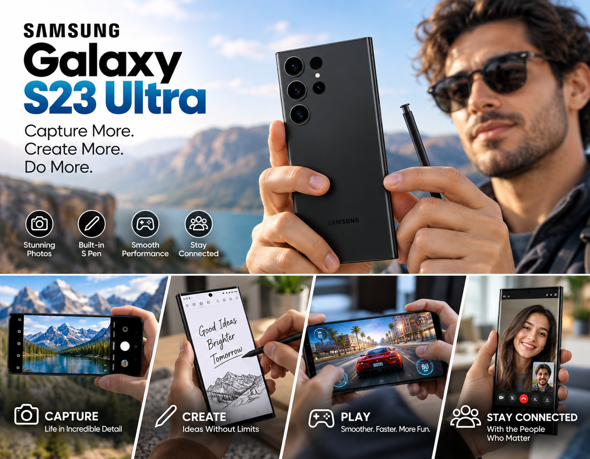 Samsung Galaxy S23 Ultra 5G Black smartphone held in hand with stylus, triple rear camera cluster