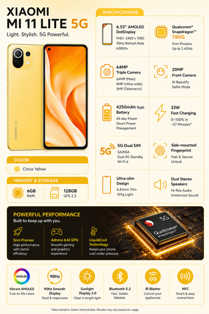 Xiaomi Mi 11 Lite 5G 128GB, 6GB, Dual SIM LTE GSM Unlocked - Citrus Yellow