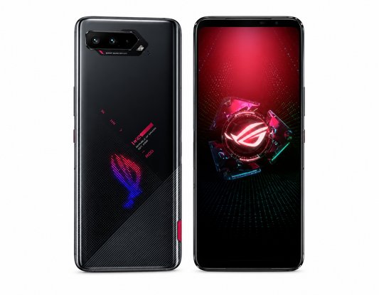 Asus ROG Phone 5 Black gaming smartphone, dual rear cameras and patterned back; front display shown