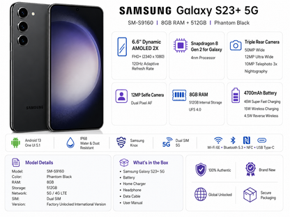 Black Galaxy S23+ smartphone shown from side with rear camera module