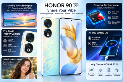 Peacock blue Honor dual-camera 5G smartphone, front and back angled view