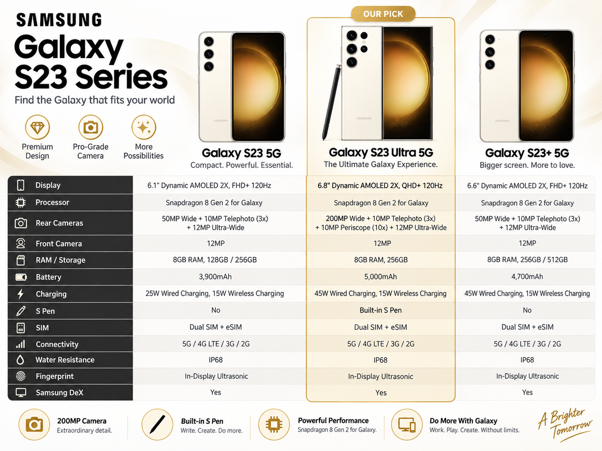 Samsung Galaxy S23 Ultra 5G Cream Samsung smartphone specs chart highlighting 200MP rear camera and S Pen