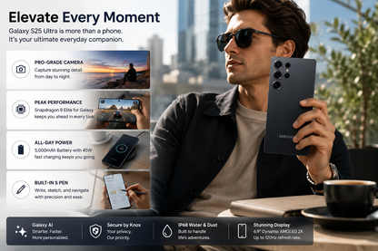 Black Samsung Galaxy S25 Ultra smartphone held in hand, front and back visible