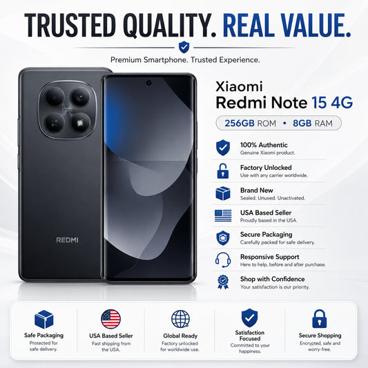 Xiaomi Redmi Note 15 4G black smartphone front and back side-by-side with quad camera