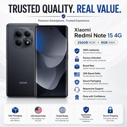 Xiaomi Redmi Note 15 4G black smartphone front and back side-by-side with quad camera
