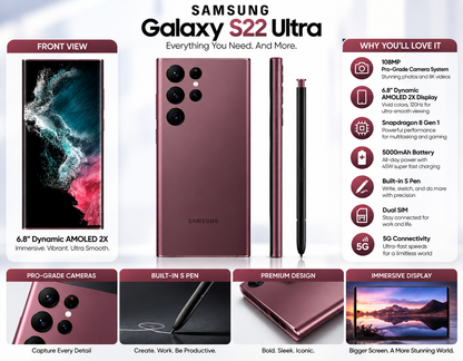 Burgundy Samsung Galaxy S22 Ultra smartphone with S Pen, side and camera views