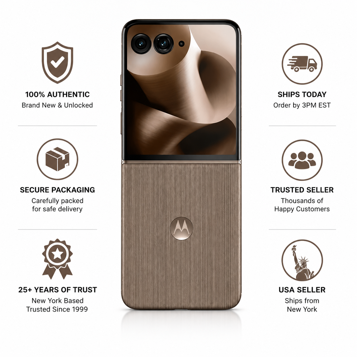 Motorola Razr 60 Ultra 5G foldable smartphone front view with brown textured back