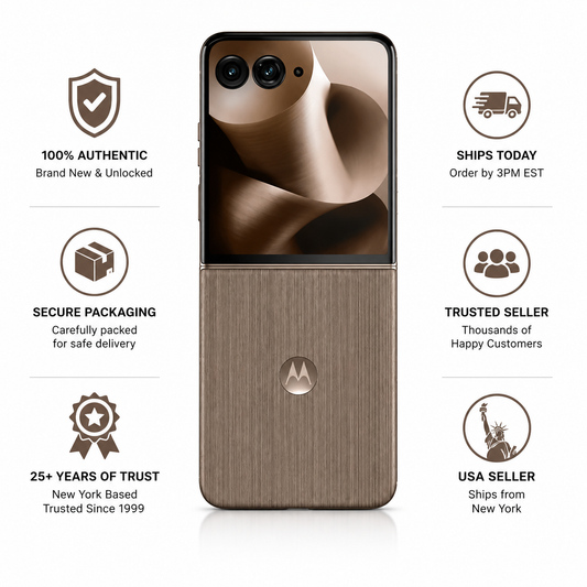 Motorola Razr 60 Ultra 5G foldable smartphone front view with brown textured back