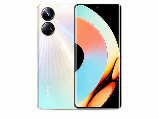 Realme 10 Pro+ 5G Gold Realme smartphone front and back view with dual rear cameras and curved display