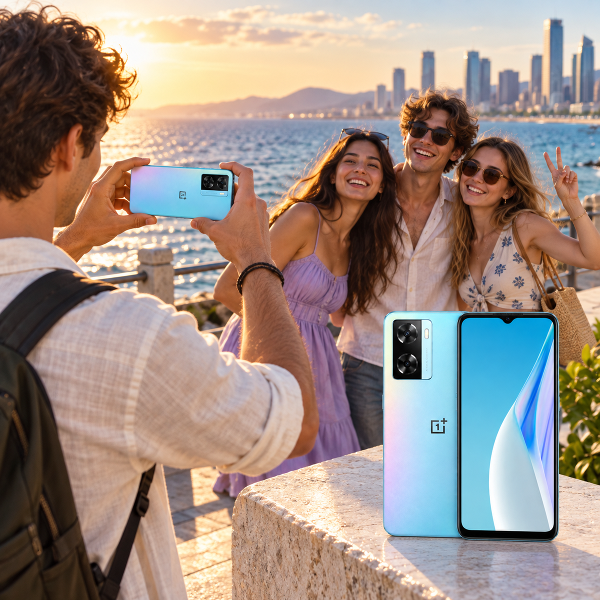 OnePlus Nord N20 SE Blue smartphone with dual-camera back visible while others take photos outdoors