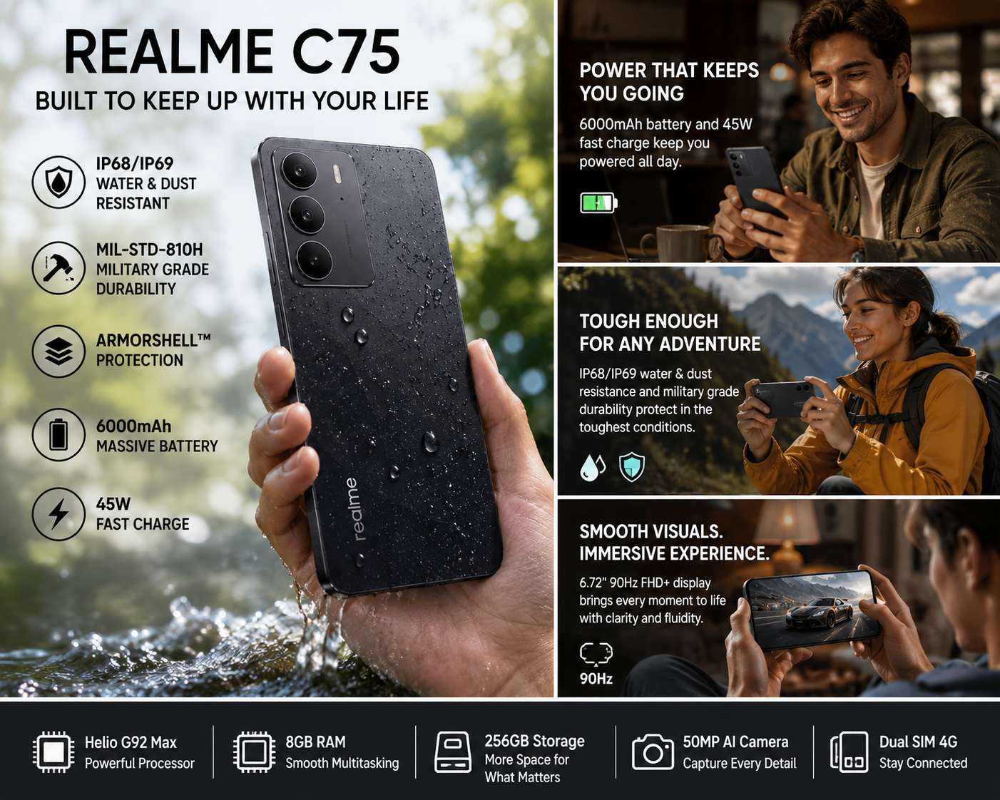 Realme C75 4G Dual Sim 256GB ROM 8GB RAM GSM Unlocked - Black