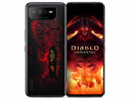 ASUS ROG Phone 6 Black gaming smartphone with red Diablo-themed artwork, front display with fiery character