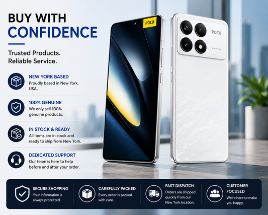 White POCO F6 Pro 5G smartphone with front and back views standing upright