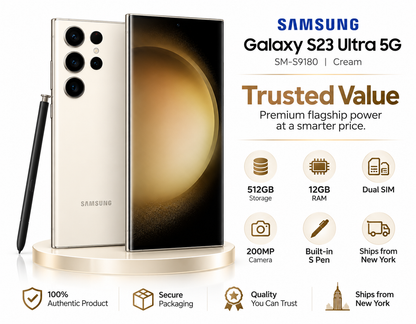 Cream Samsung Galaxy S23 Ultra with stylus, front and rear visible