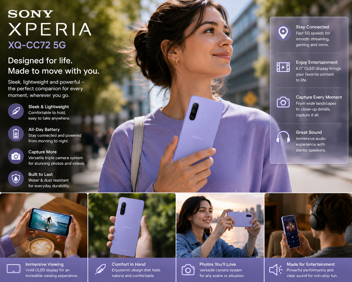 Sony Xperia 10 IV XQ-CC72 5G Dual SIM 128GB 6GB RAM GSM Unlocked – Lavender