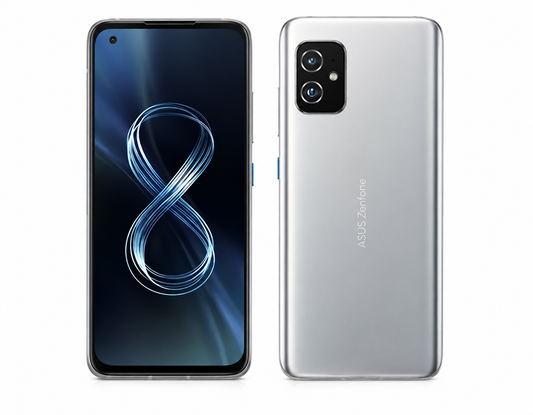 Asus Zenfone 8 Silver smartphone with dual cameras, front and back view, slim design