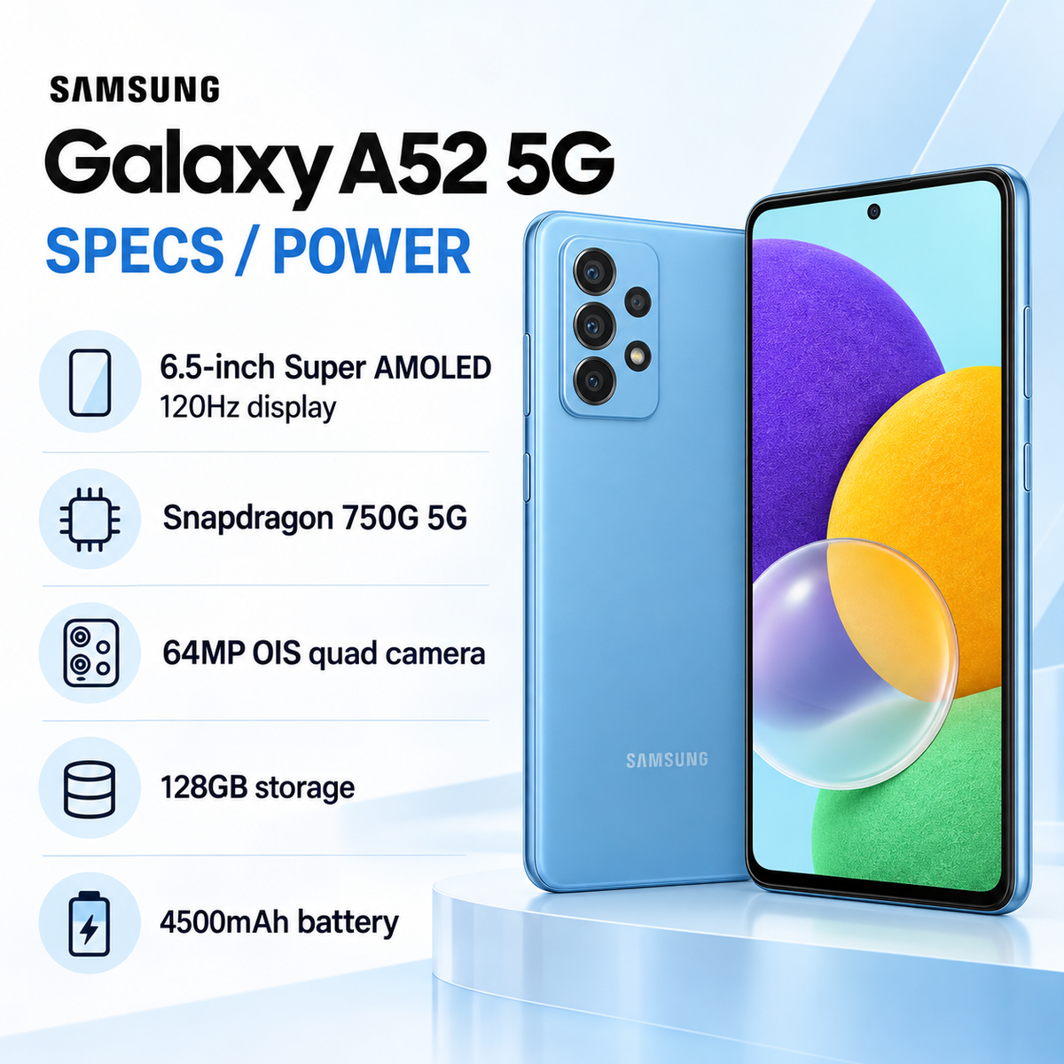 Samsung Galaxy A52 5G Awesome Blue smartphone on a stand, back quad camera and front screen visible