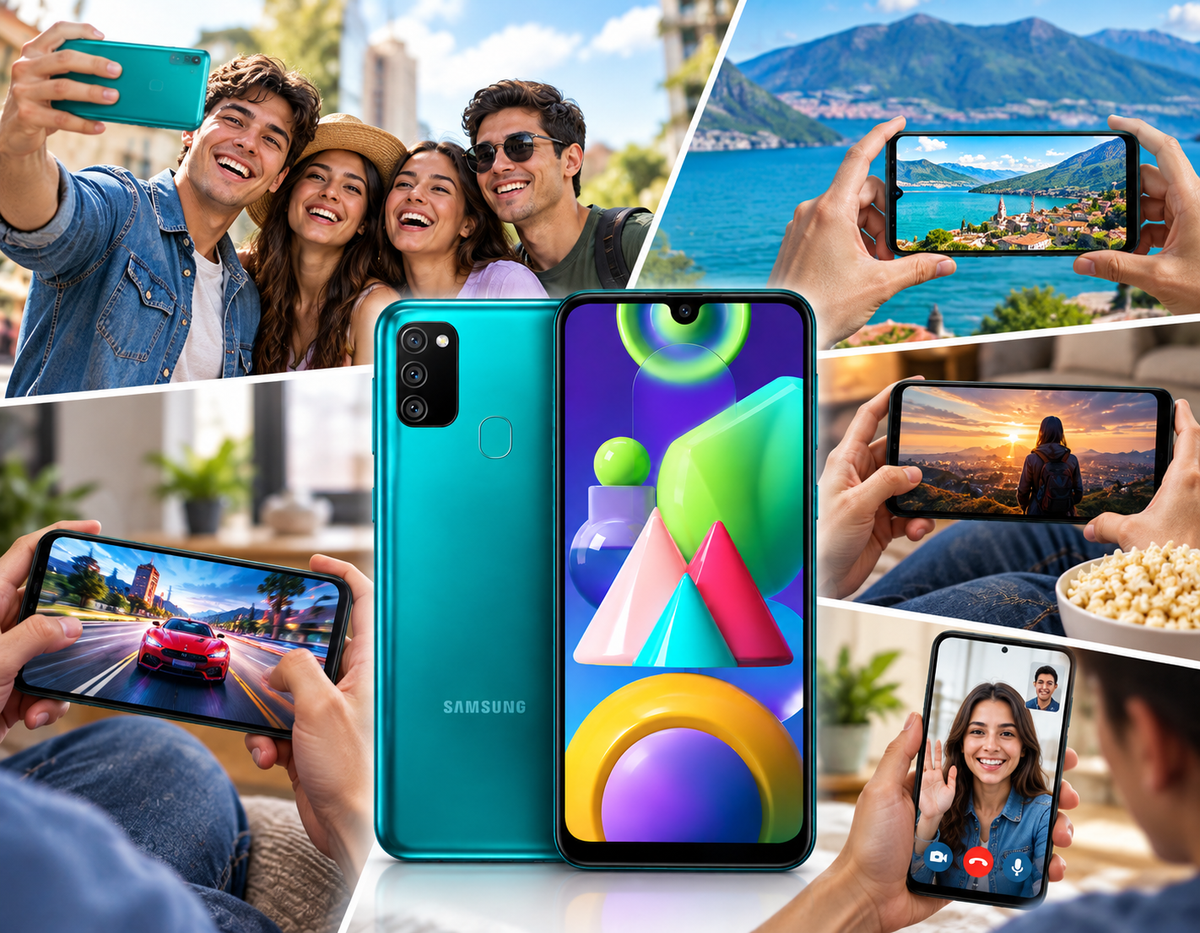 Teal Samsung Galaxy M21 smartphone held up while people capture photos on screens