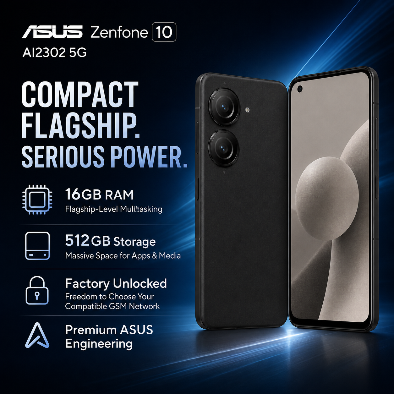 Asus Zenfone 10 AI2302 5G Black smartphone front and back with dual camera module, sleek flat design.