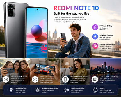 Xiaomi Redmi Note 10 Onyx gray smartphone with screen on, shown in everyday use