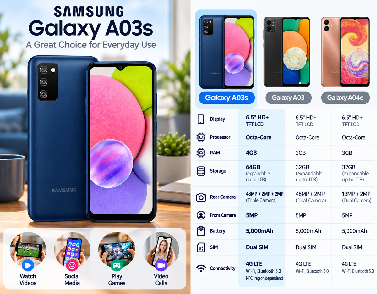 Samsung Galaxy A03S blue smartphone with dual rear cameras and front display