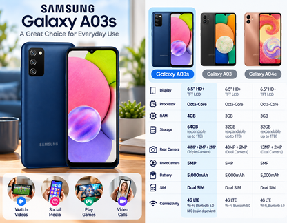 Samsung Galaxy A03S blue smartphone with dual rear cameras and front display