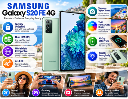 Samsung Galaxy S20 FE 4G phone with Cloud Green back and front display