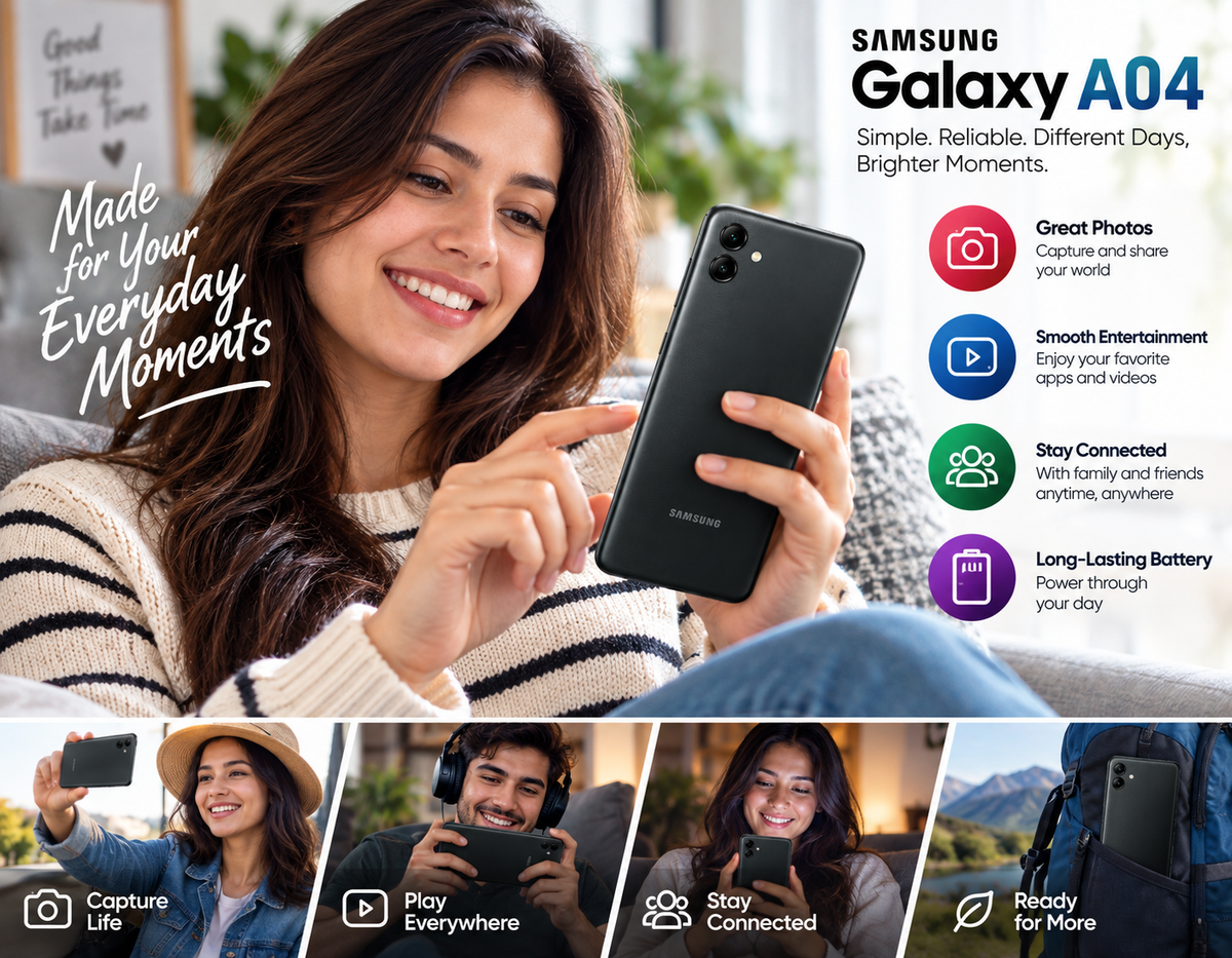 Black Samsung Galaxy A04 smartphone held by a woman, rear camera visible