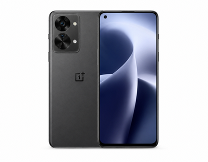 Gray OnePlus Nord 2T smartphone with dual rear cameras and front display