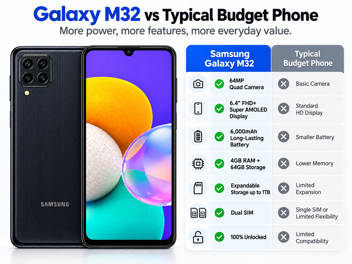 Samsung Galaxy M32 Black Samsung smartphone shown front and back with quad rear camera module