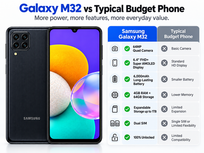 Samsung Galaxy M32 Black Samsung smartphone shown front and back with quad rear camera module