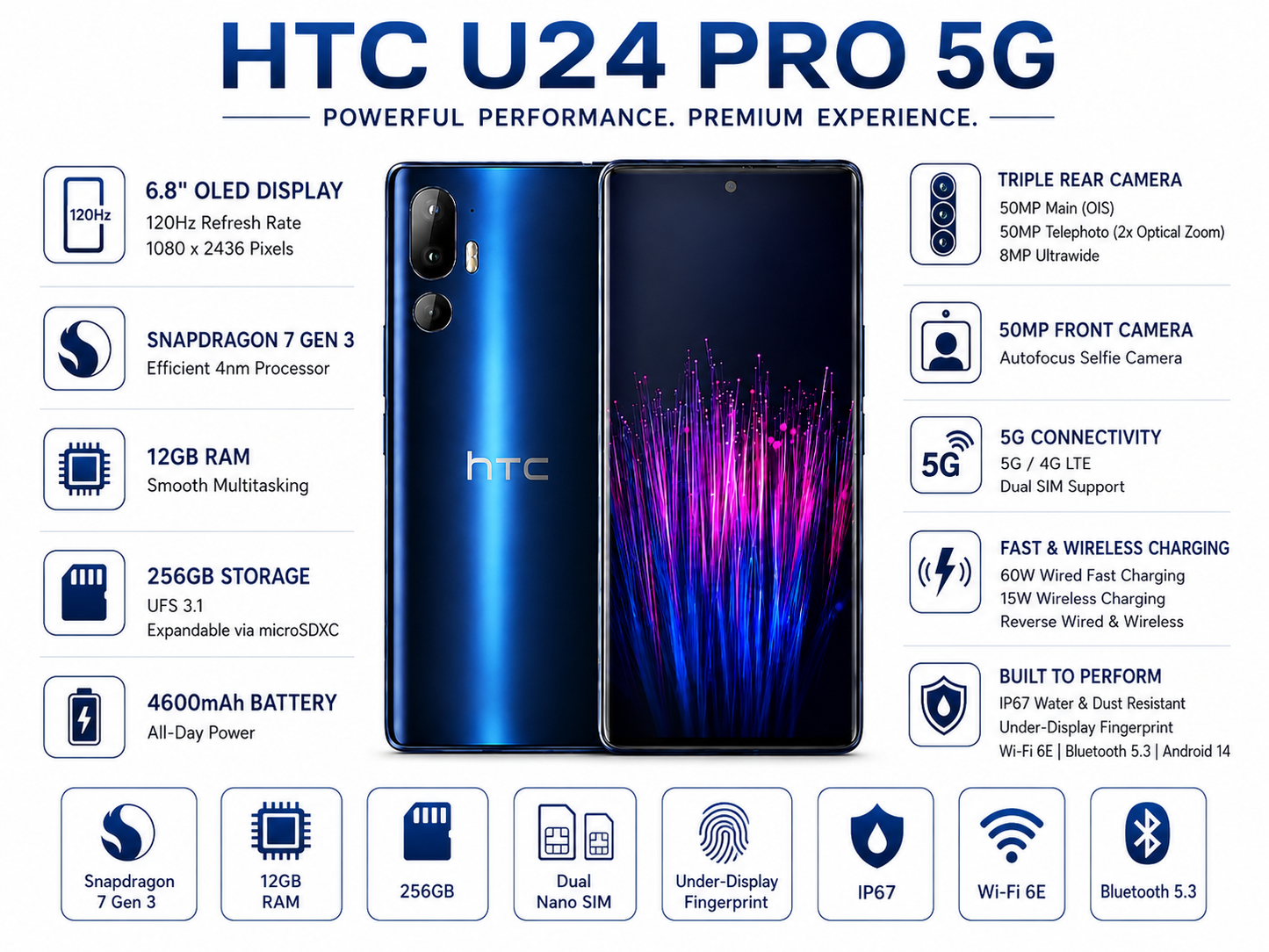 HTC U24 Pro 5G Blue HTC smartphone front and back with colorful light-spears wallpaper