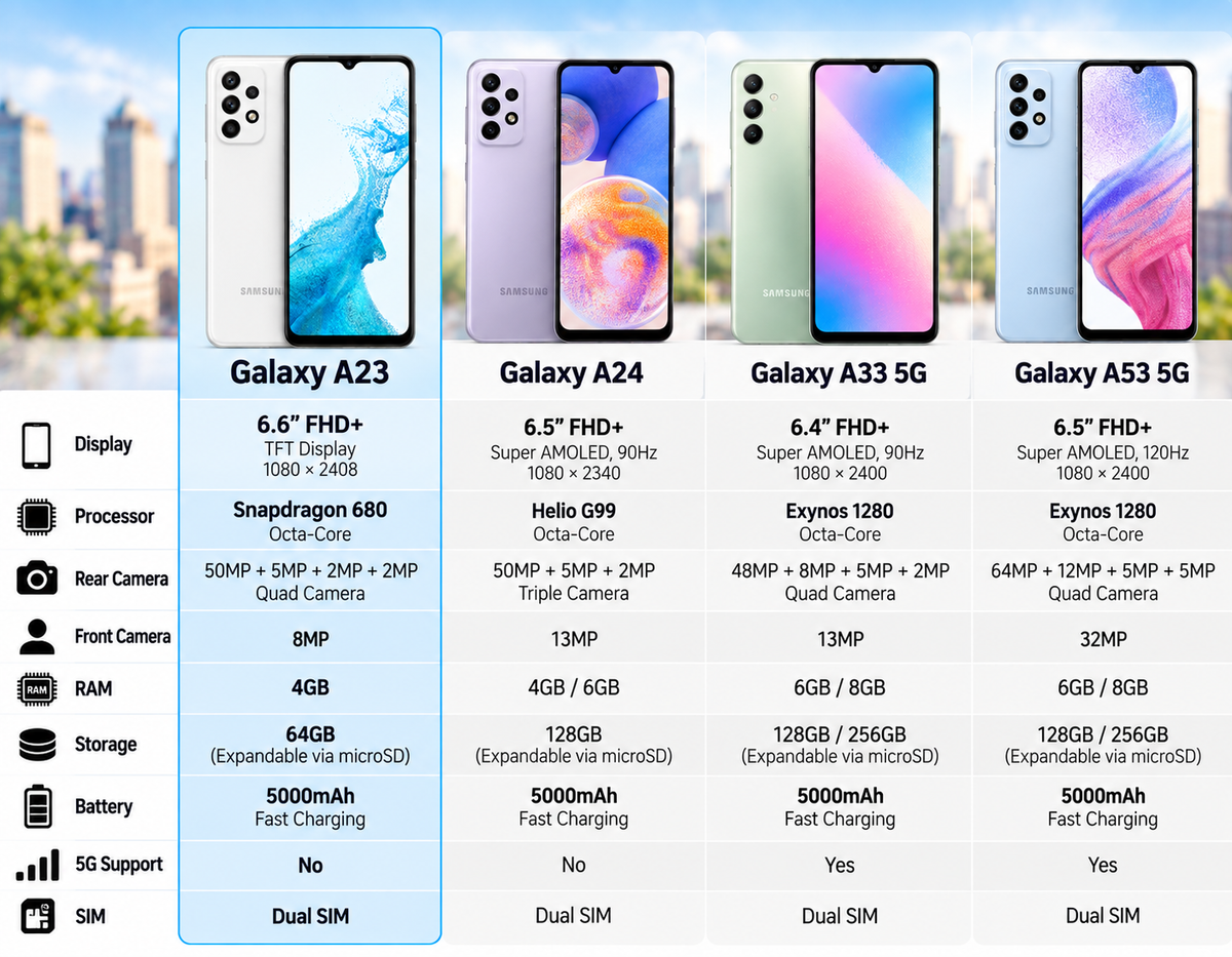 White Samsung Galaxy A23 smartphone shown in a comparison chart with multiple models
