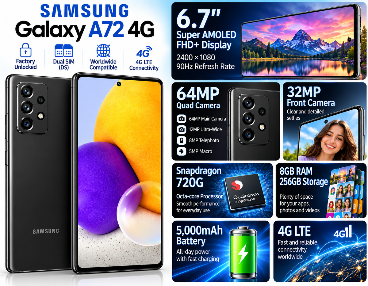 Samsung Galaxy A72 4G smartphone with front display and back camera module
