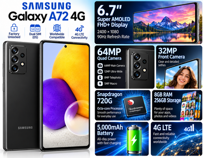 Samsung Galaxy A72 4G smartphone with front display and back camera module