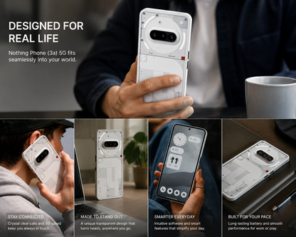 White Nothing Phone 3a 5G held in hand, transparent back panel with dual camera