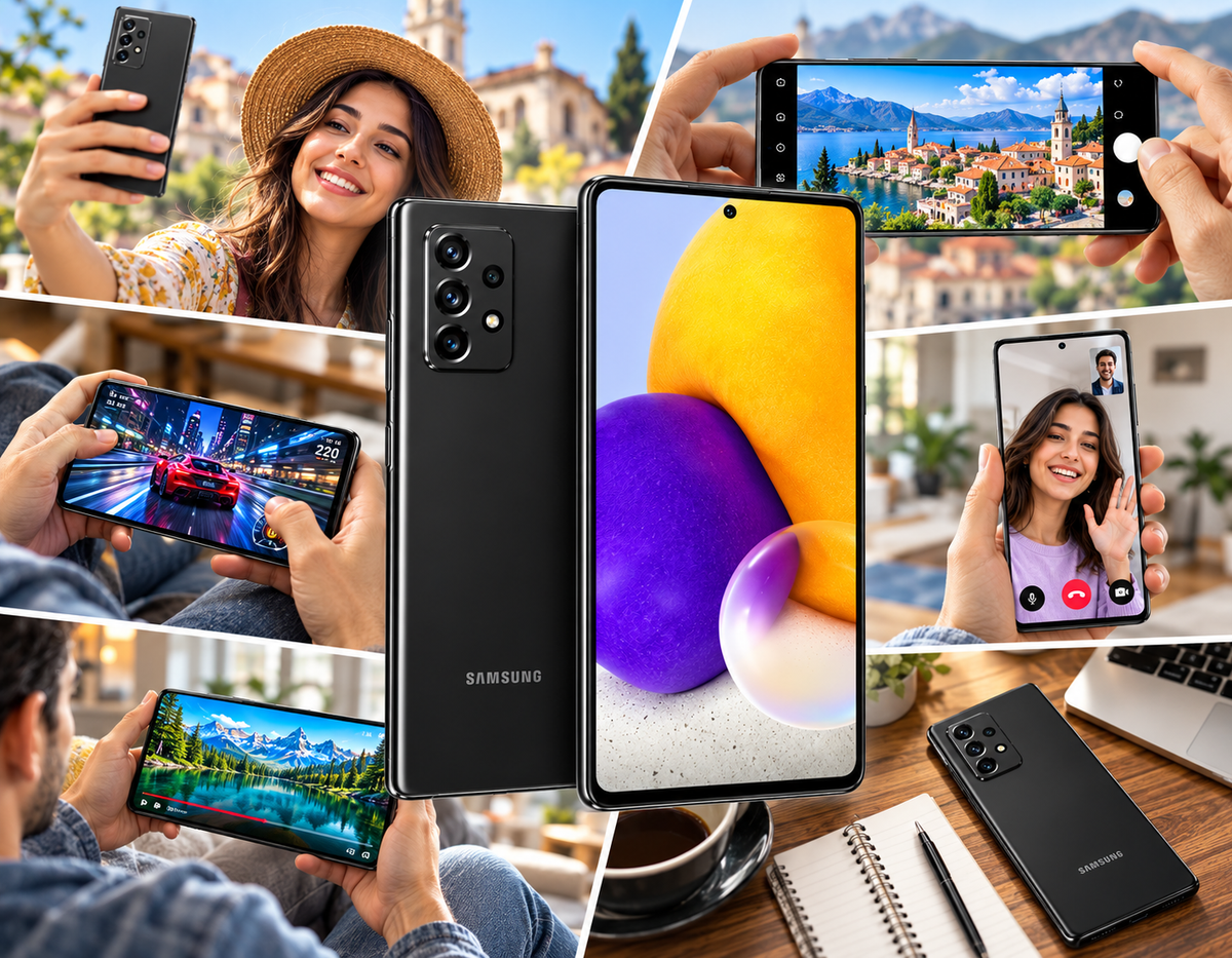 Black Samsung Galaxy A72 smartphone shown front and back in use-style photo collage