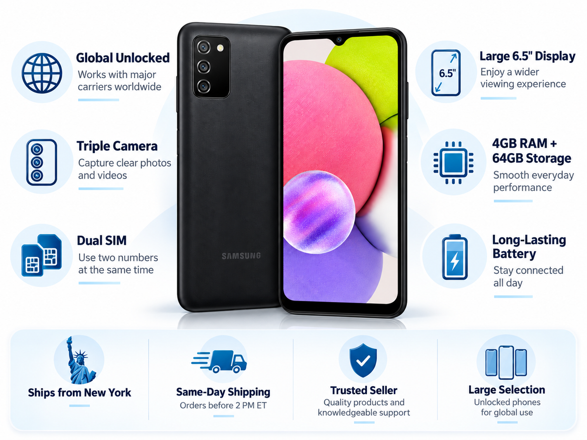 Black Samsung Galaxy A03s phone, front screen and rear cameras