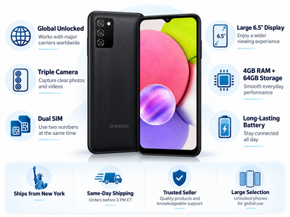 Black Samsung Galaxy A03s phone, front screen and rear cameras