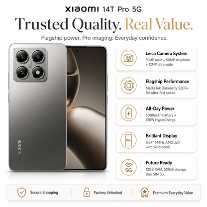 Xiaomi 14T Pro 5G 512GB ROM 12GB RAM Dual SIM GSM Unlocked - Titan Gray